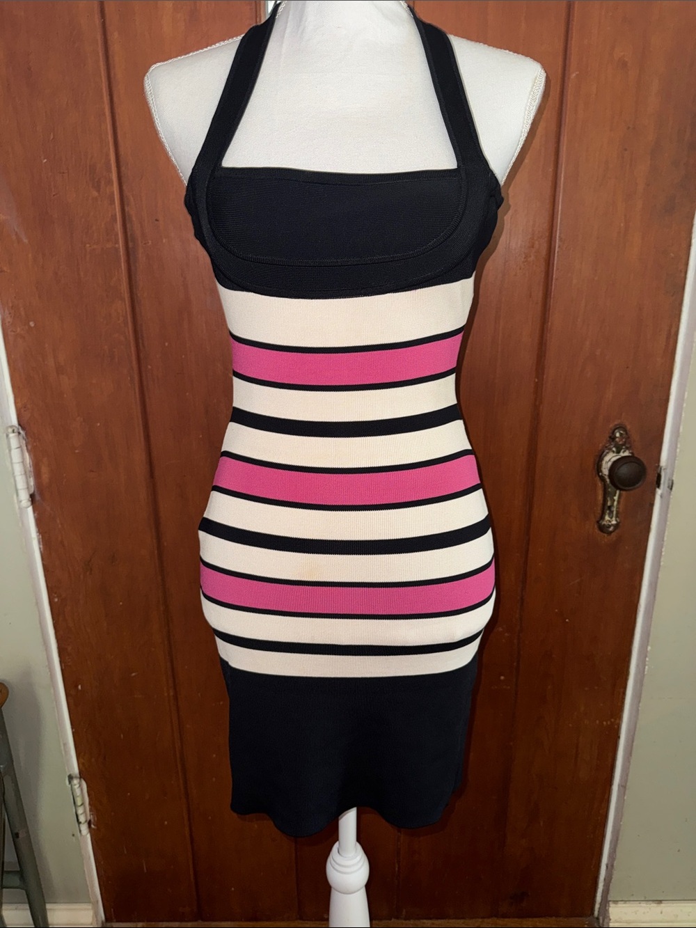 Herve Leger Paris Gorgeous Striped Pink, Black & Cream Halter Bodycon Dress